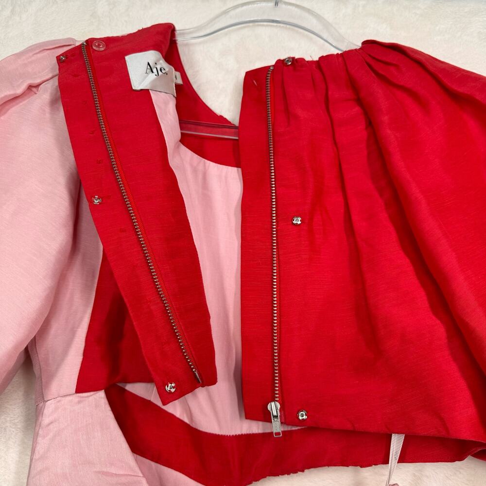 Aje Impermanence Entwined Midi Dress Pink Red Silk Puff Sleeve Party Size XXS - Picture 9 of 16